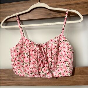 Pink Floral Tie-Front Cropped Cami Top